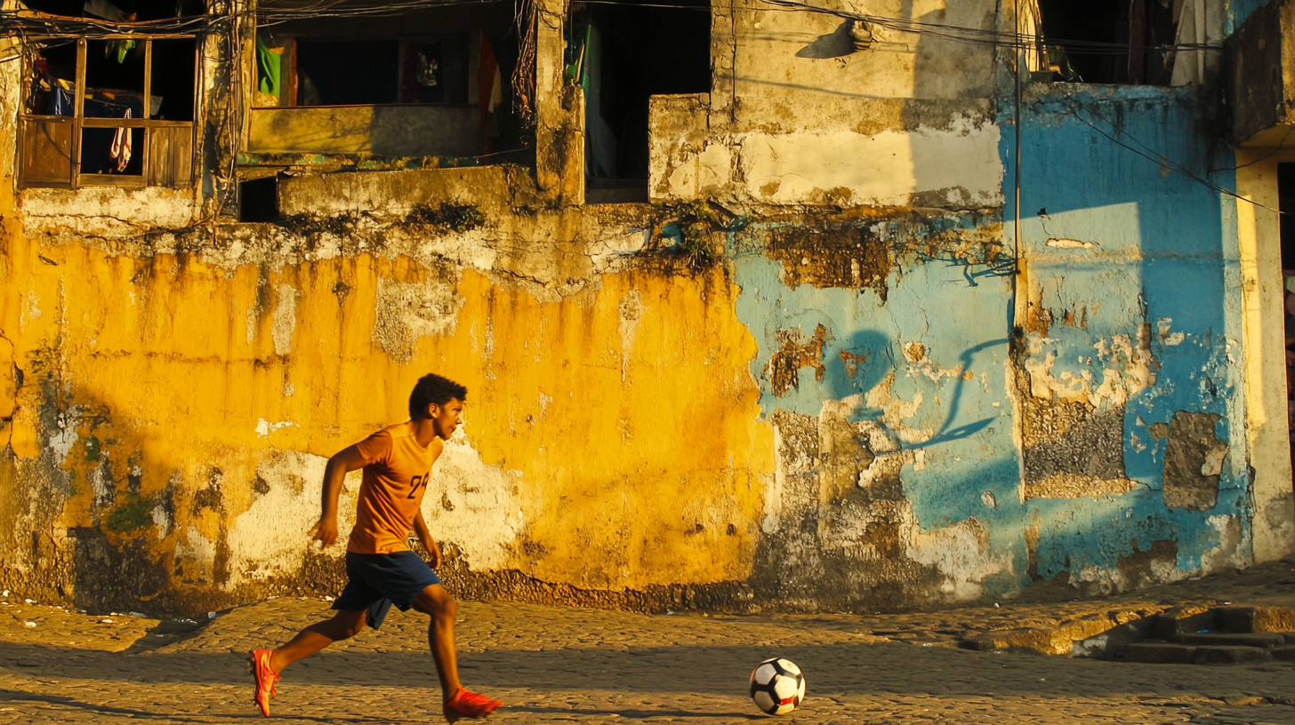 Enfant avec un maillot du Brésil jouant au Football dans les favelas
