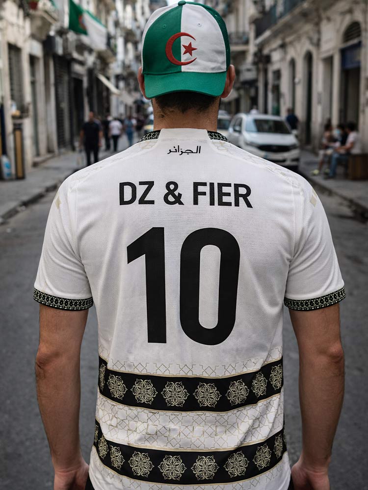 Maillot de l'Algérie blanc floqué "DZ & FIER" porté par un supporter