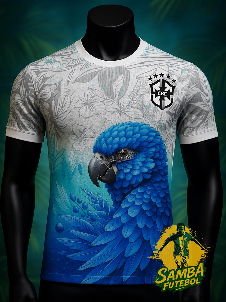 Maillot du Brésil blanc avec un perroquet bleu, modèle Ara