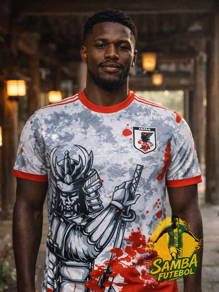 Maillot du Japon blanc et rouge avec un samouraï