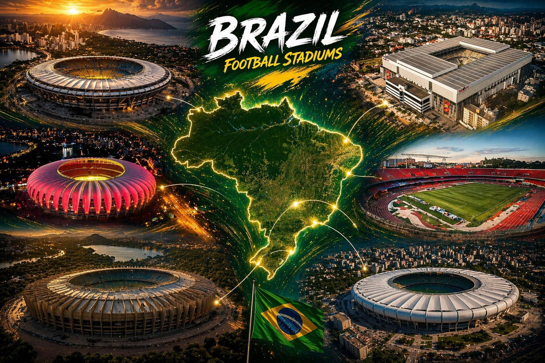 Montage dynamique de stades de football au Brésil, avec vues aériennes du Maracanã, de la Ligga Arena, du Beira-Rio, du Morumbis et du Mineirão autour d’une carte du Brésil, dans une composition aux couleurs vert, jaune et bleu.