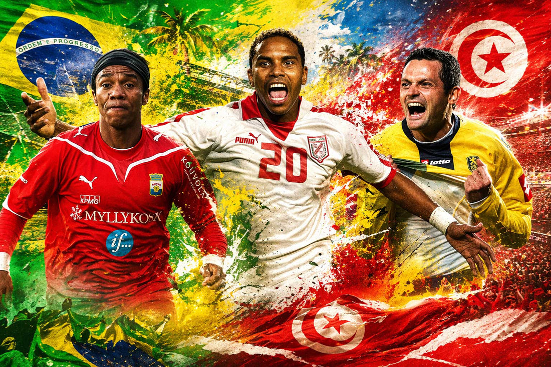 Montage photo dynamique de trois footballeurs mêlant les couleurs du Brésil et de la Tunisie, avec effets de peinture, drapeaux en fond et ambiance de stade intense.
