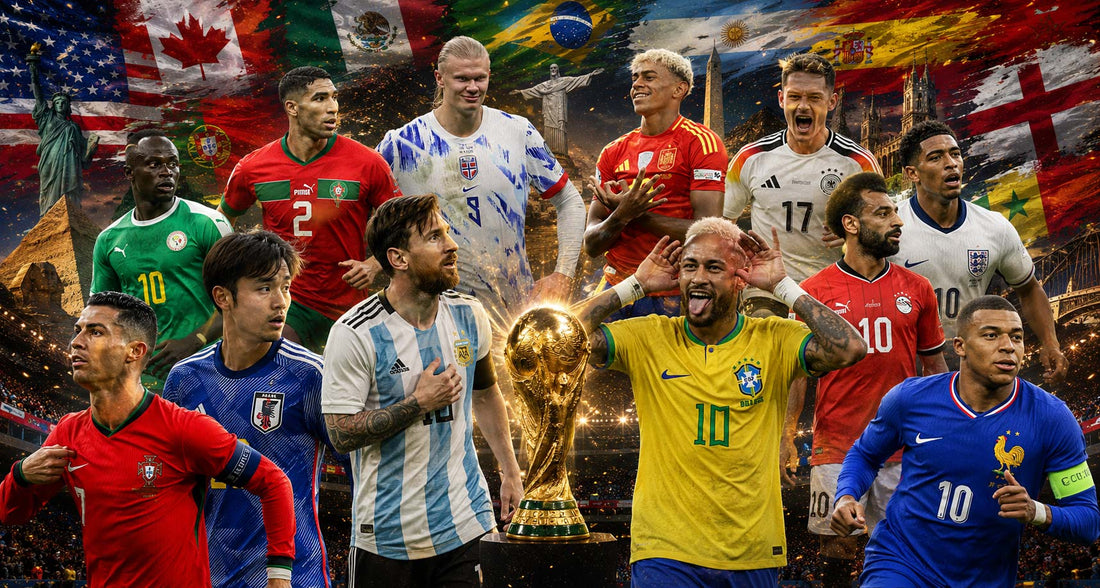 Montage promotionnel de la Coupe du Monde 2026 : de nombreux footballeurs en maillots de leurs sélections nationales entourent le trophée doré, sur fond de drapeaux et de monuments emblématiques.