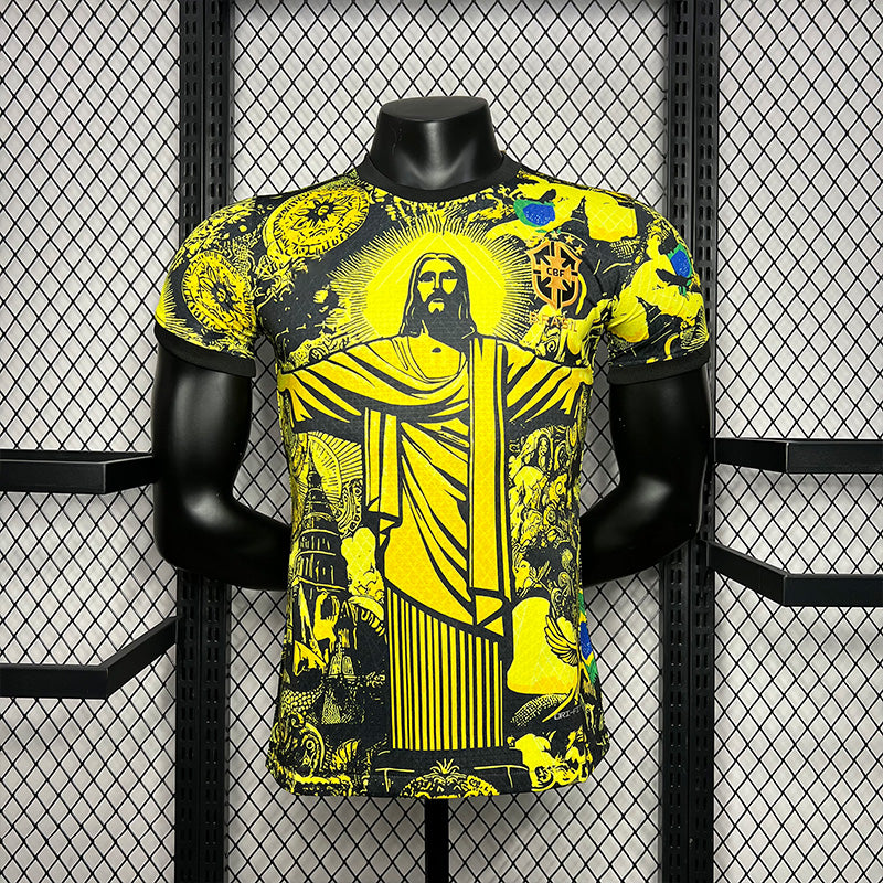 Maillot concept du Brésil jaune et noir 2024 avec motif du Christ Rédempteur, Jésus Christ, écusson de la CBF brodé, design riche