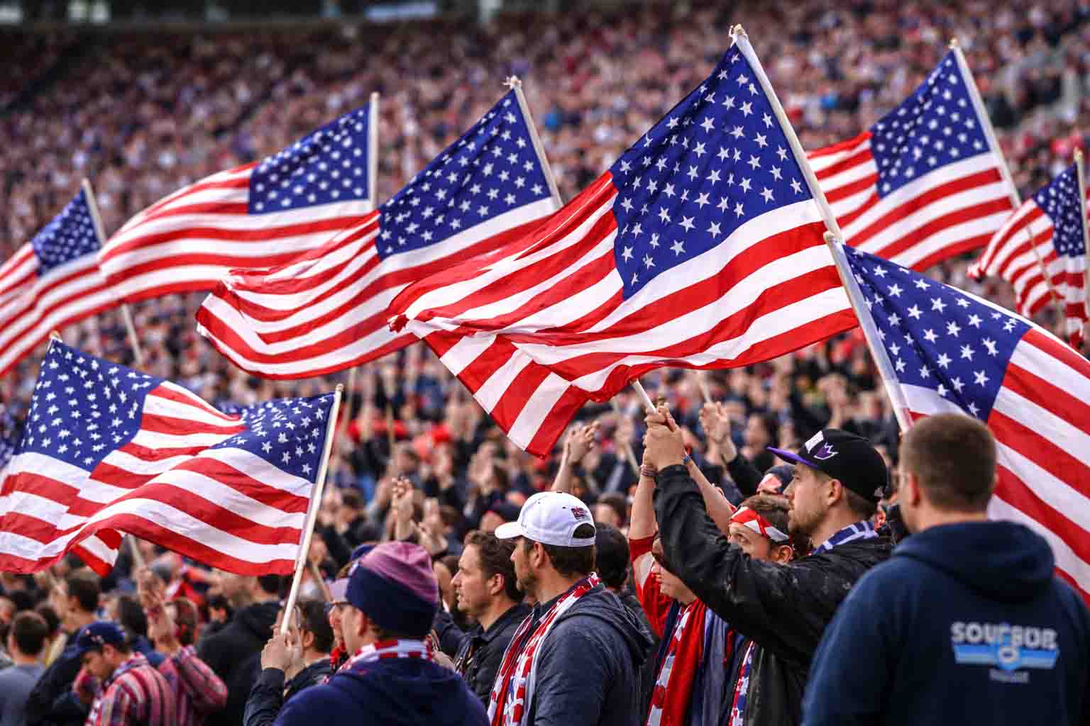 Drapeaux américains dans un stade de foot à New-York