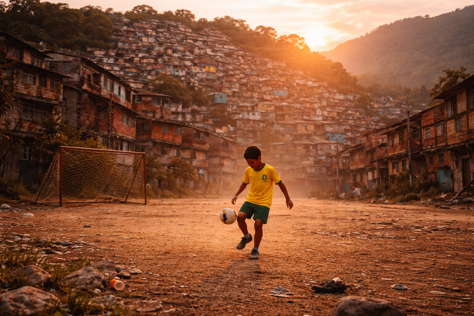 Garçon jouant au football dans les favelas
