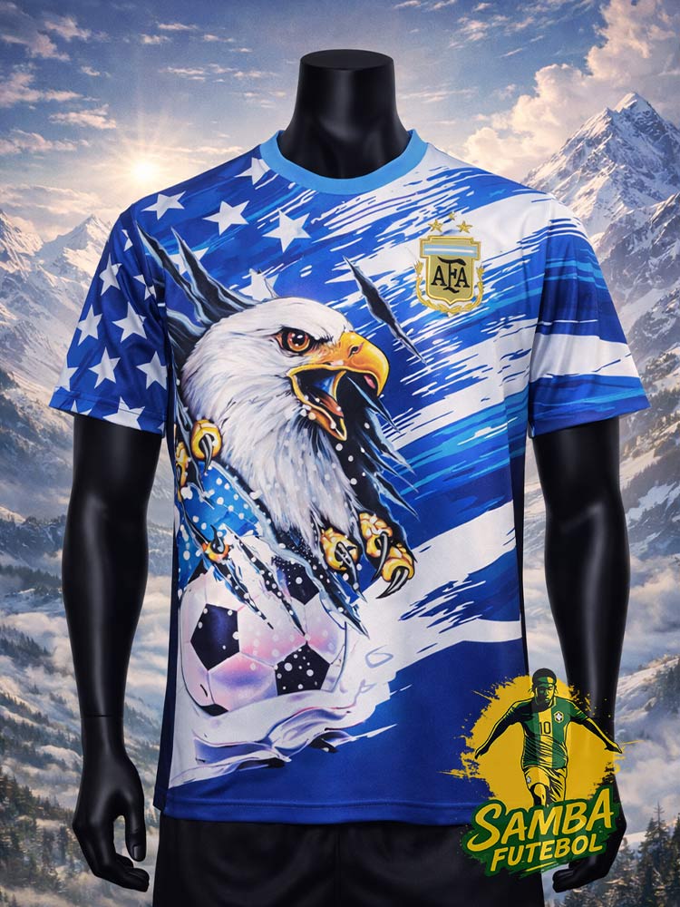 Maillot Argentine Aigle face – design aigle XXL bleu ciel et blanc, modèle conceptuel Samba Futebol