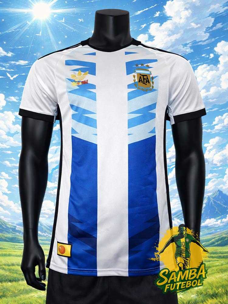 Maillot Argentine Dragon Ball 2026 face – bandes dynamiques bleu ciel et détail manga