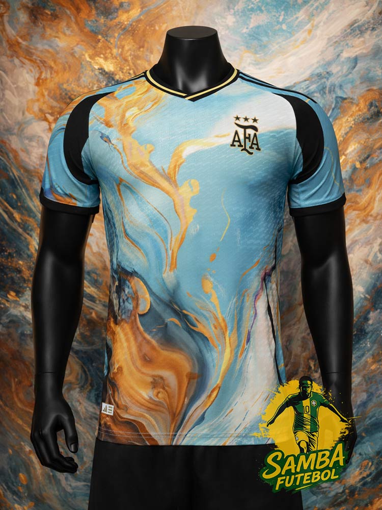 Maillot Argentine Painting 2026 bleu et or face – design artistique effet peinture marbrée