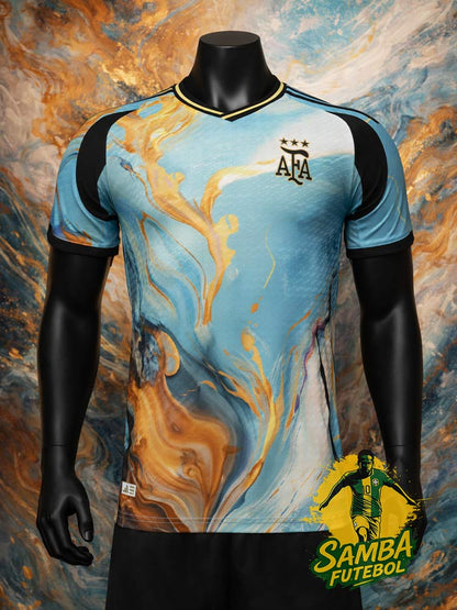 Maillot Argentine Painting 2026 bleu et or face – design artistique effet peinture marbrée