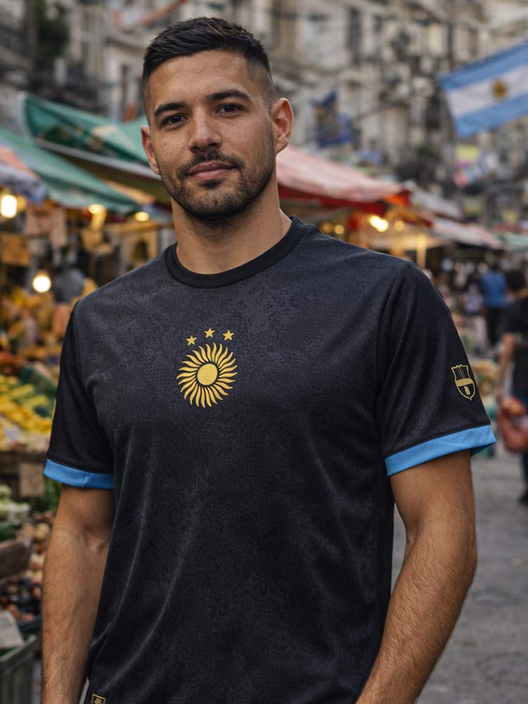 Maillot Argentine Pulga noir 2026 face – design minimal soleil doré et texture ton sur ton