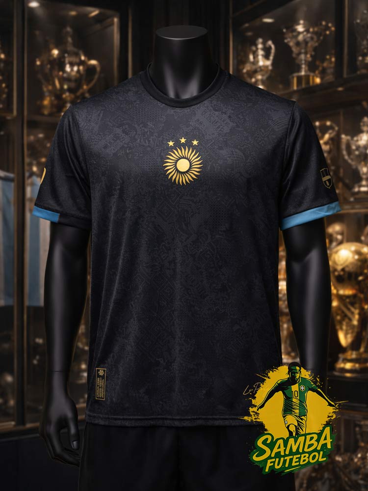 Maillot Argentine Pulga noir 2026 face – design minimal soleil doré et texture ton sur ton