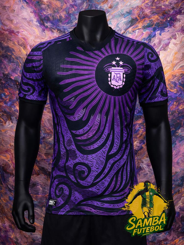 Maillot Argentine Jacaranda 2026 violet face – design artistique soleil AFA et motifs ondulés premium