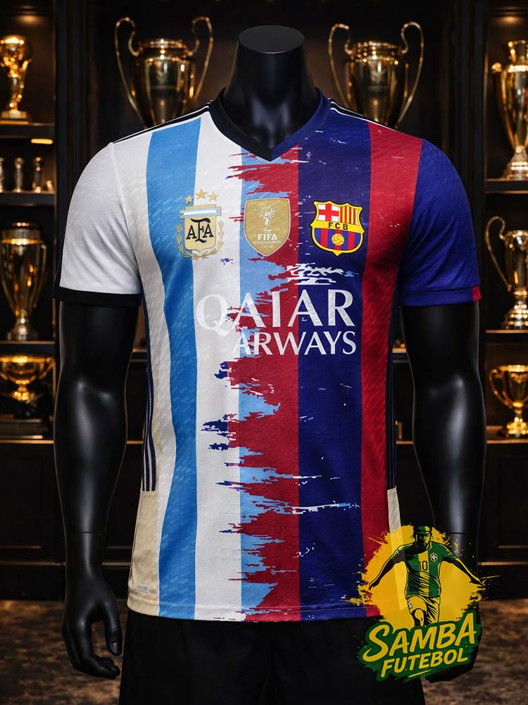 Maillot Argentine Barcelona 2026 face – fusion bandes albicelestes et blaugrana