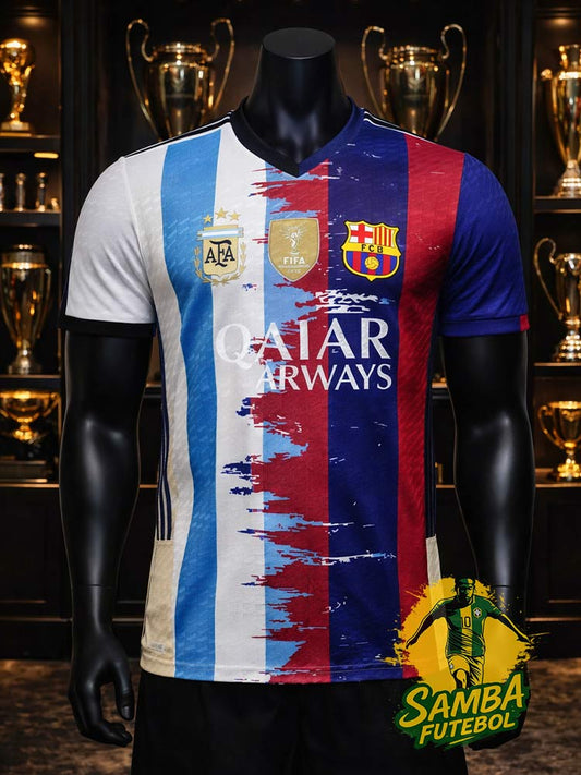Maillot Argentine Barcelona 2026 face – fusion bandes albicelestes et blaugrana