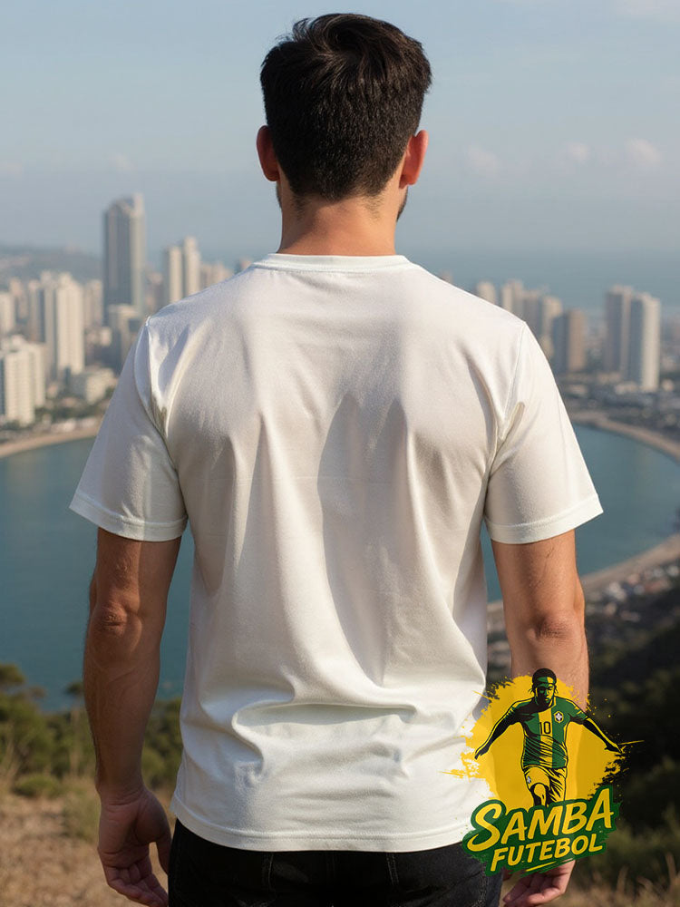 maillot du Brésil Rio de Janeiro avec illustration du Christ Rédempteur et du Pain de Sucre, design vert-émeraude signé Samba Futebol.