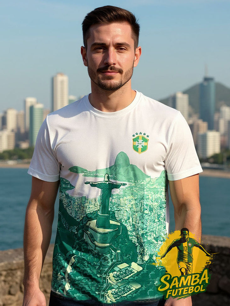 maillot du Brésil Rio de Janeiro avec illustration du Christ Rédempteur et du Pain de Sucre, design vert-émeraude signé Samba Futebol.