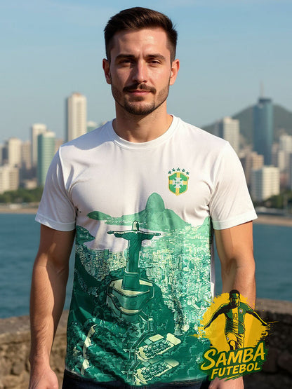 maillot du Brésil Rio de Janeiro avec illustration du Christ Rédempteur et du Pain de Sucre, design vert-émeraude signé Samba Futebol.