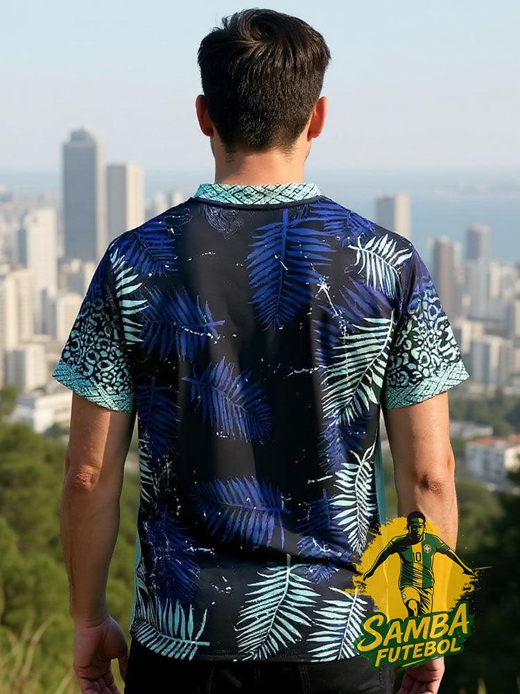 maillot du Brésil Tigre Bleu avec motifs tropicaux et tête de tigre, design Samba Futebol