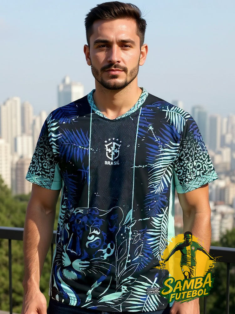 maillot du Brésil Tigre Bleu avec motifs tropicaux et tête de tigre, design Samba Futebol