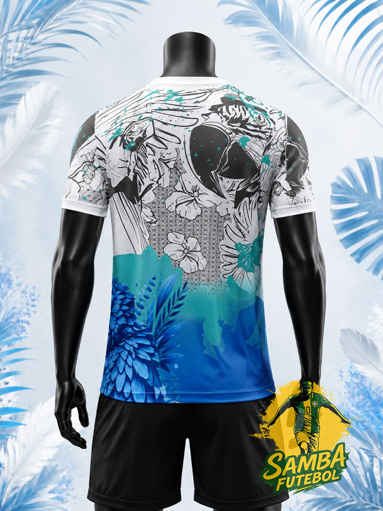 Maillot de foot Brésil ara de Spix bleu et blanc, vue de dos – design fleurs et perroquet
