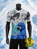 Maillot de football Brésil ara de Spix bleu et blanc, vue de face avec écusson CBF et perroquet