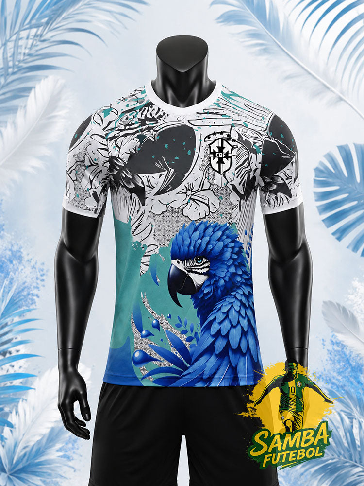 Maillot de football Brésil ara de Spix bleu et blanc, vue de face avec écusson CBF et perroquet