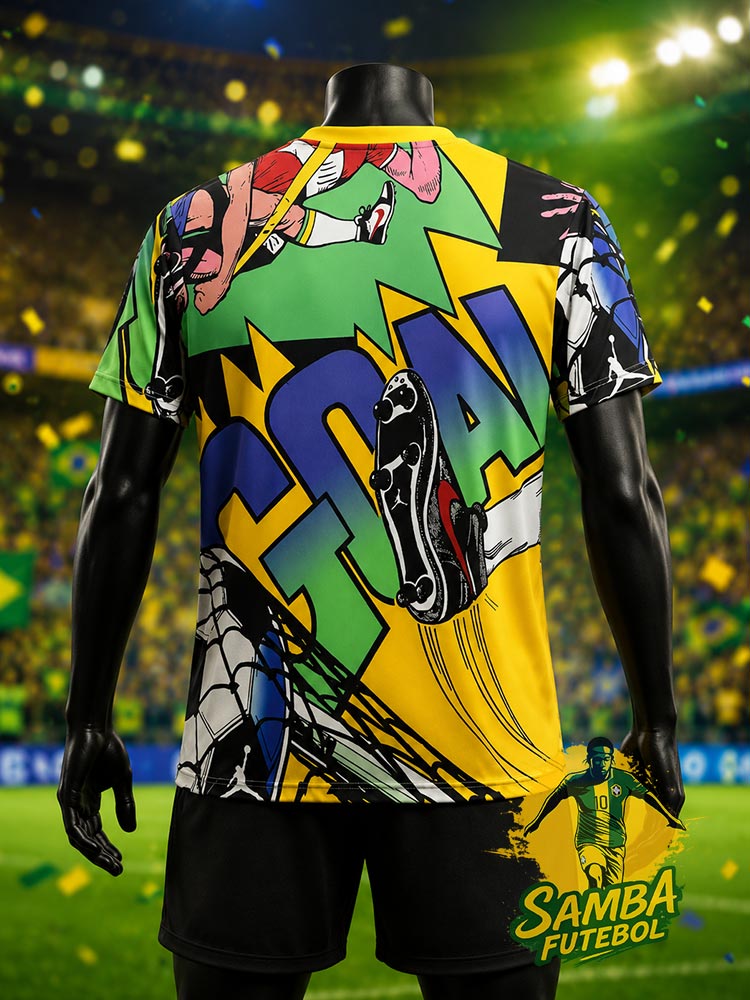 Maillot Brésil Goal !! 2026 vue de dos – typographie GOAL géante et illustration de but – Samba Futebol