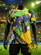 Maillot Brésil Goal !! 2026 vue de face – imprimé comic book multicolore avec crampon et filets – Samba Futebol