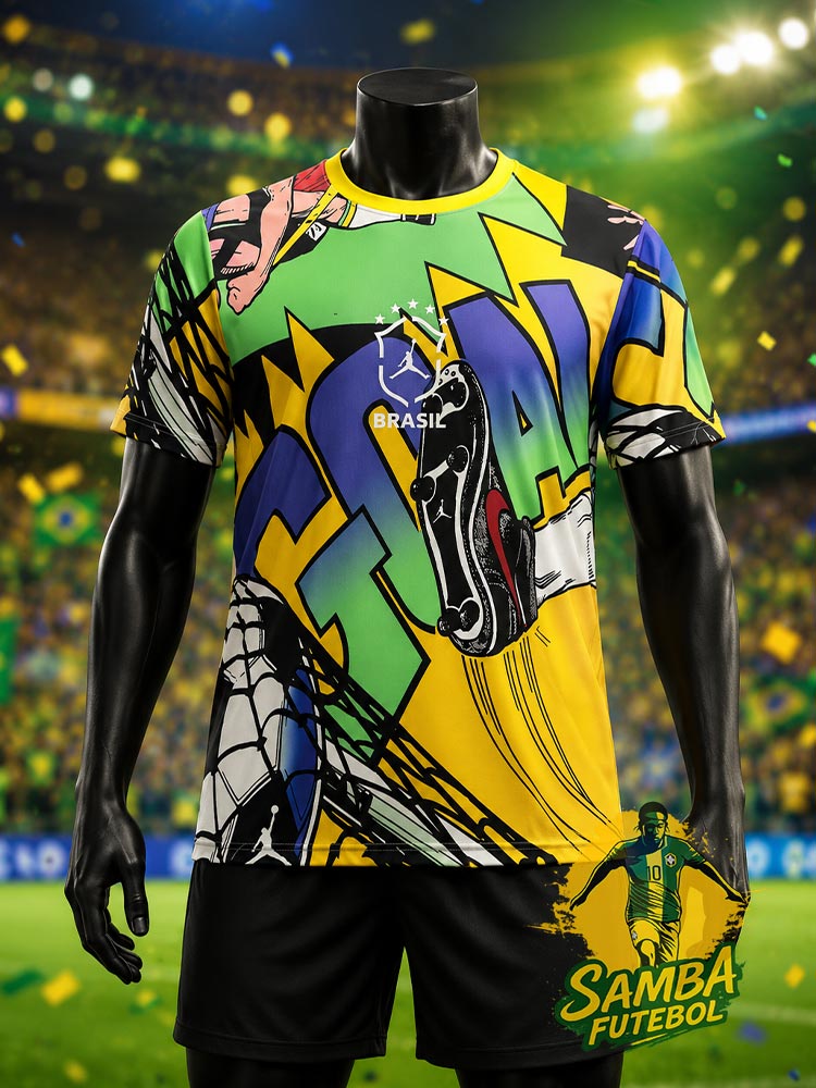 Maillot Brésil Goal !! 2026 vue de face – imprimé comic book multicolore avec crampon et filets – Samba Futebol