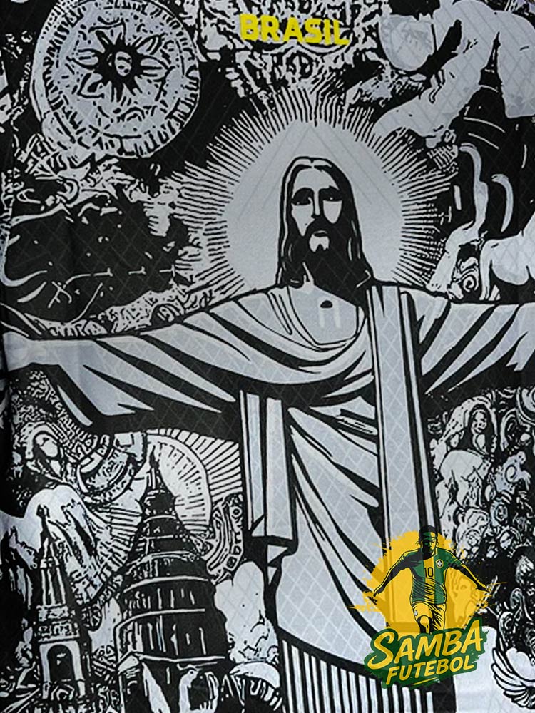 Dos du maillot concept du Brésil gris et noir 2025/2026 avec motif du Christ Rédempteur