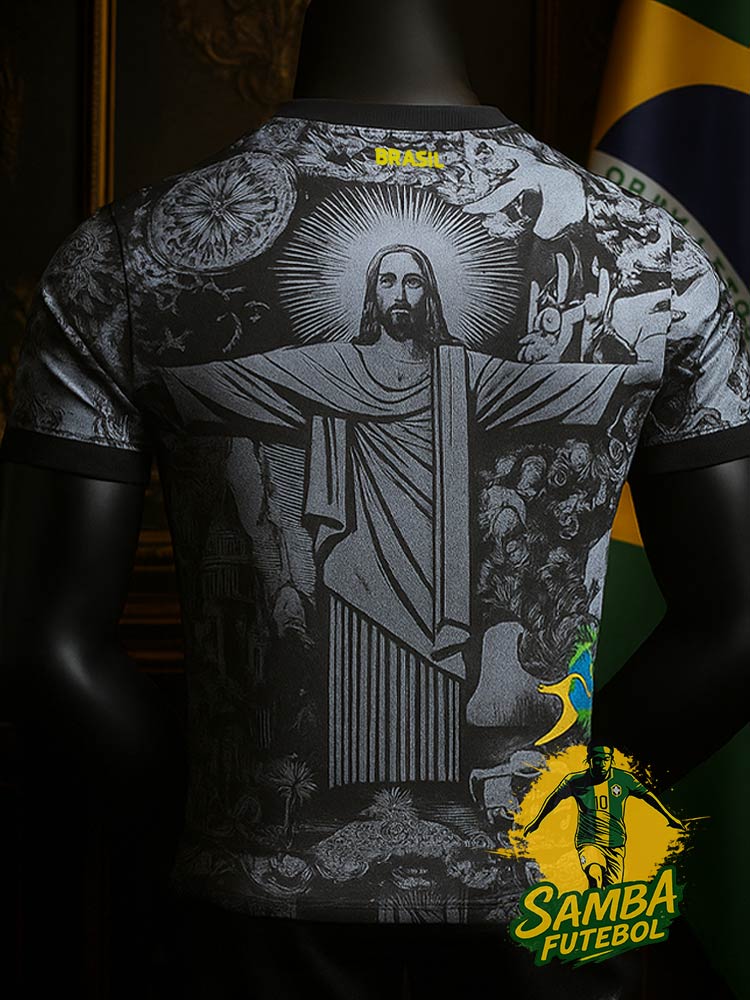 Dos du maillot concept du Brésil gris et noir 2025/2026 avec motif du Christ Rédempteur