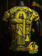 Dos du maillot du Brésil jaune et noir 2025/2026 avec motif du Christ Rédempteur