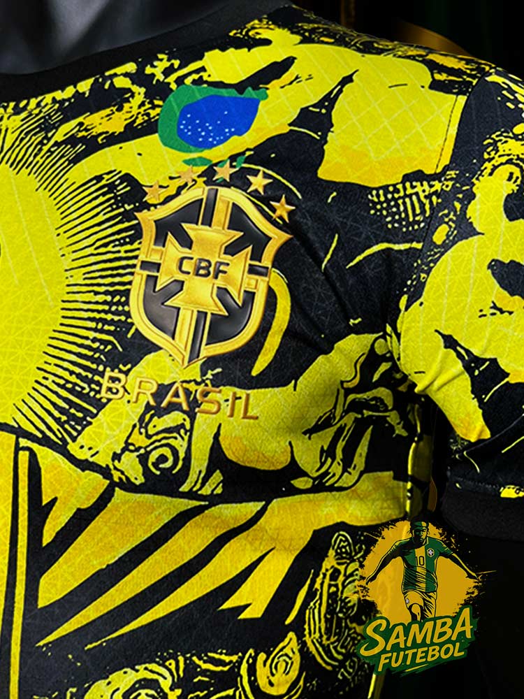 Logo sur le maillot du Brésil et du Christ Rédempteur jaune et noir