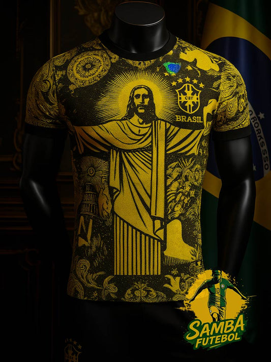 Maillot du Brésil jaune et noir 2025/2026 avec motif du Christ Rédempteur