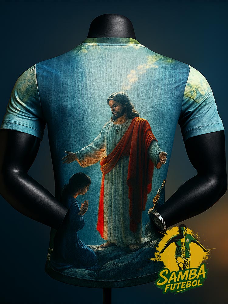 Dos du maillot du Brésil représentant Jésus et une femme