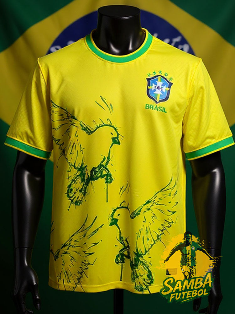 Maillot du Brésil jaune avec des oiseaux verts