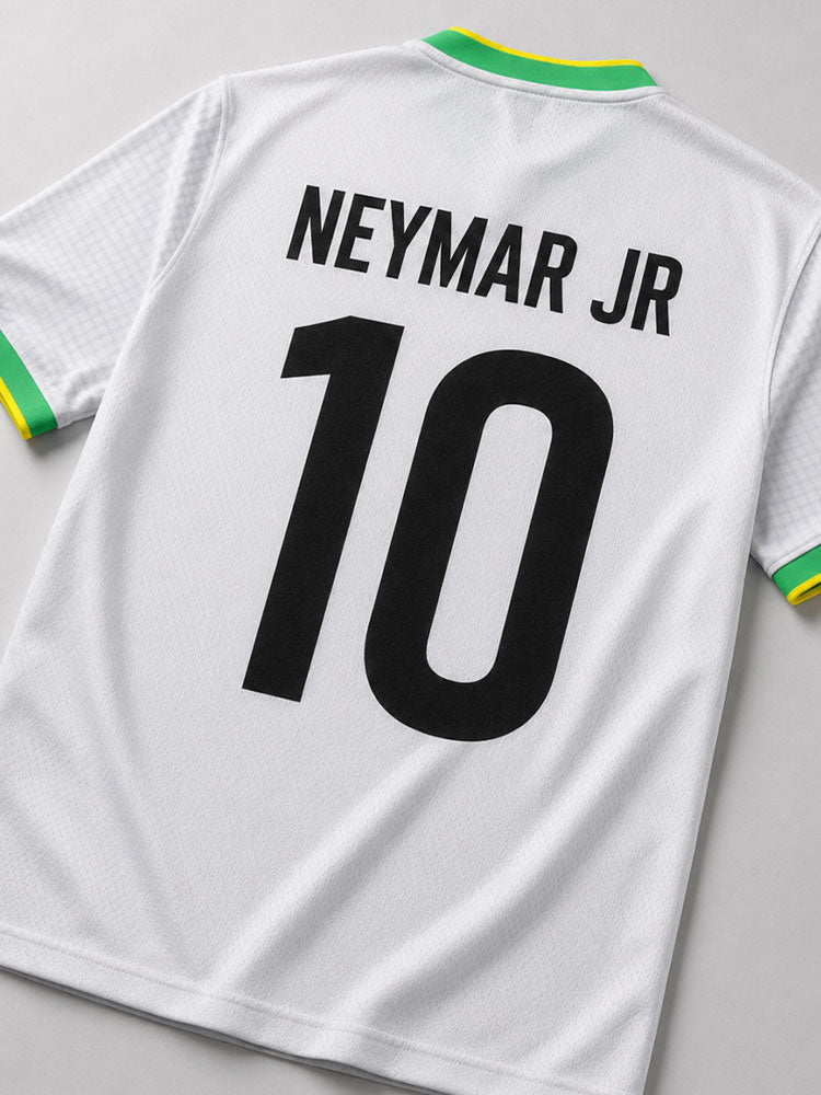 Dos du maillot Brésil blanc avec flocage numéro 10 noir, col vert et jaune