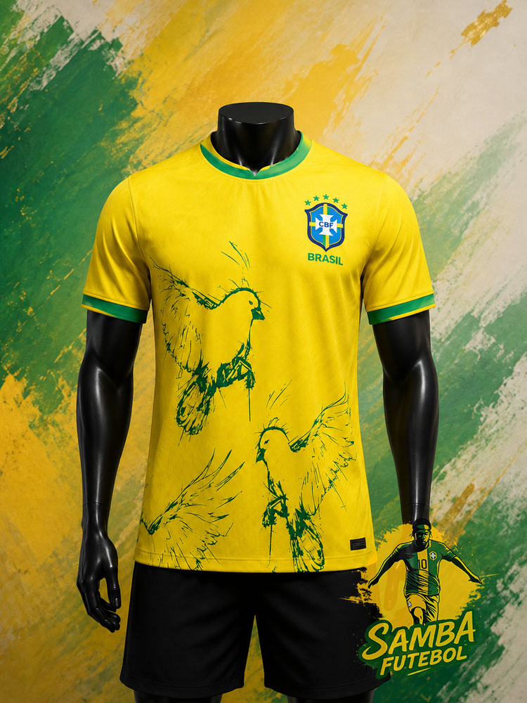 Maillot de foot Brésil jaune à colombes vertes, vue de face avec écusson CBF – design oiseaux