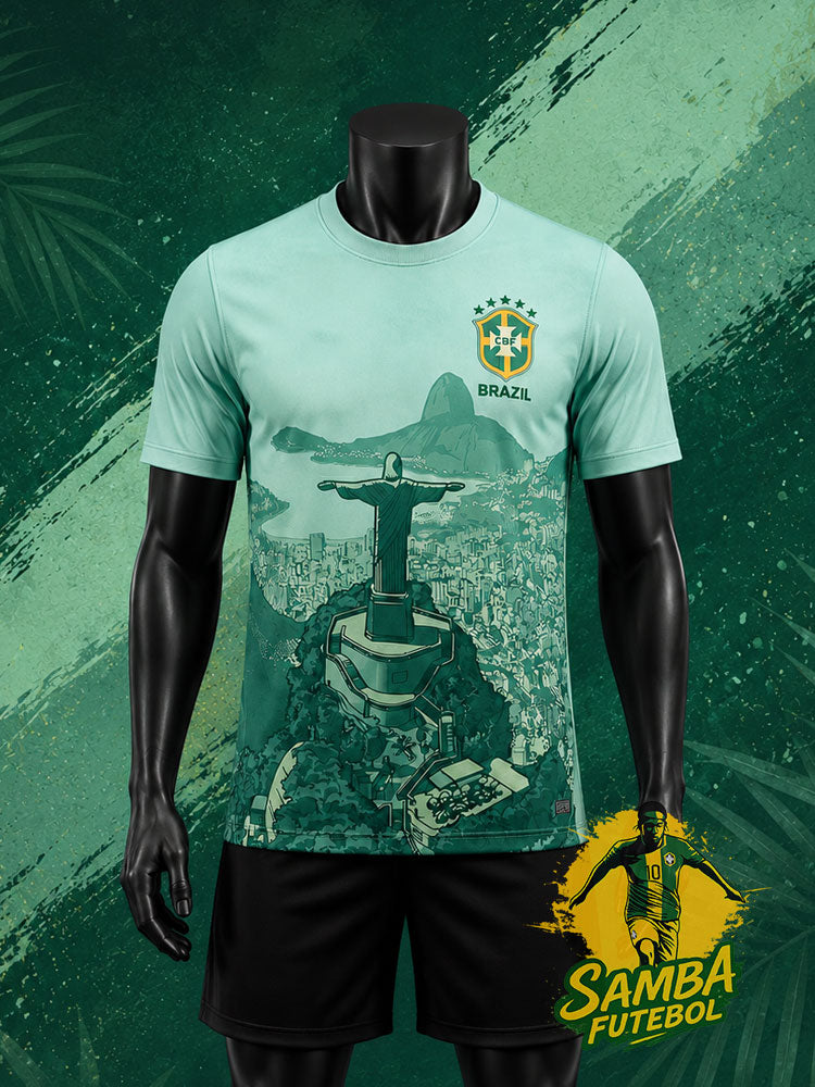 Maillot de foot Brésil vert menthe, Christ Rédempteur de Rio, vue de face avec écusson CBF