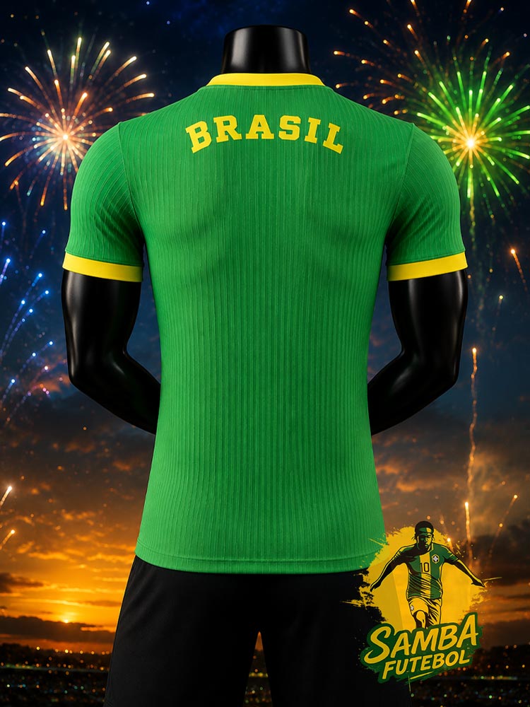 Maillot Brésil Verde 2026 vue de dos – lettrage BRASIL jaune arqué sur vert – Samba Futebol