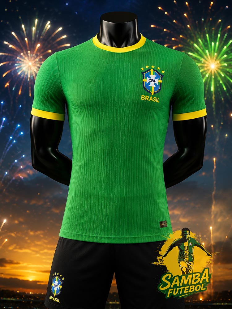 Maillot Brésil Verde 2026 vue de face – vert Seleção avec col et manchettes jaunes – Samba Futebol