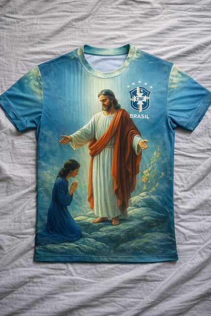 Maillot bleu de Jésus avec le logo du Brésil