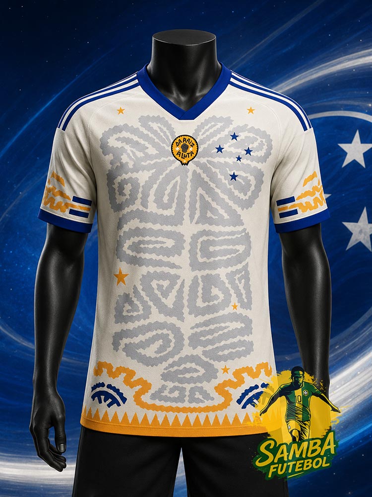 Maillot Cruzeiro Da Raiz à Luta 2026 vue de face – écru, motifs tribaux gris et ourlet doré – Samba Futebol