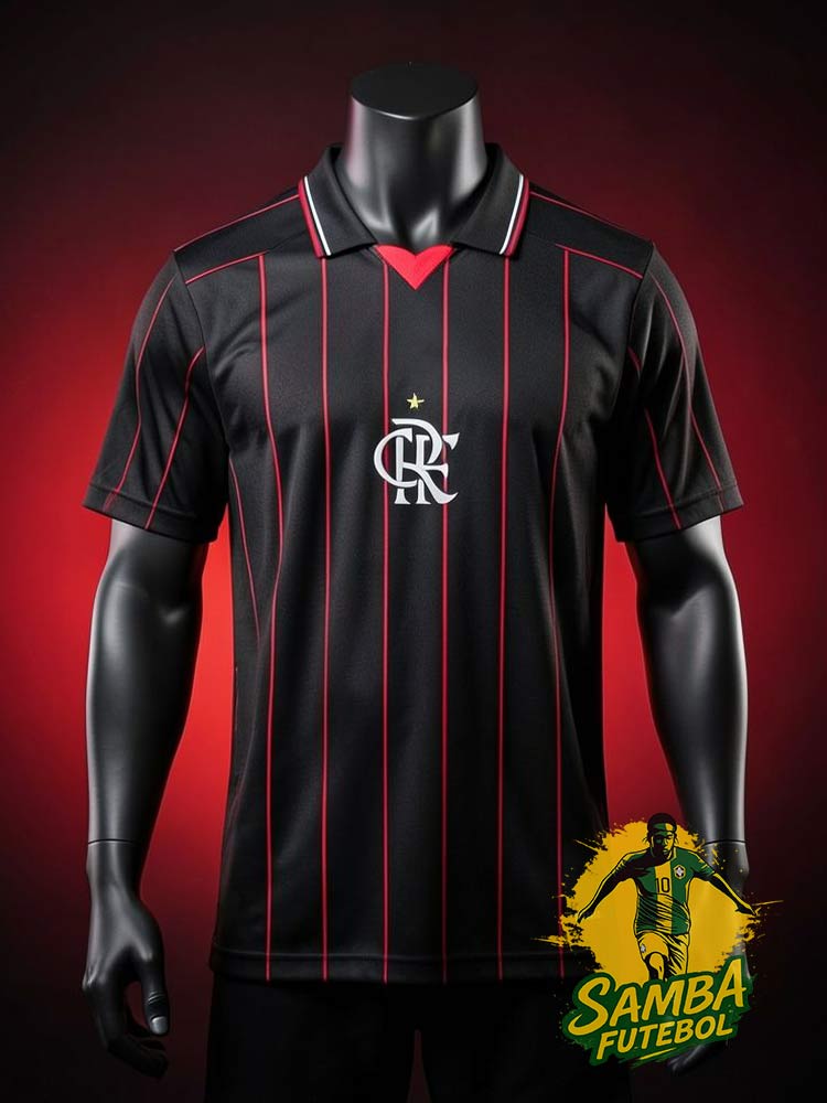 maillot Flamengo DIABLO 2026 noir rayures rouges col polo mannequin noir photo studio