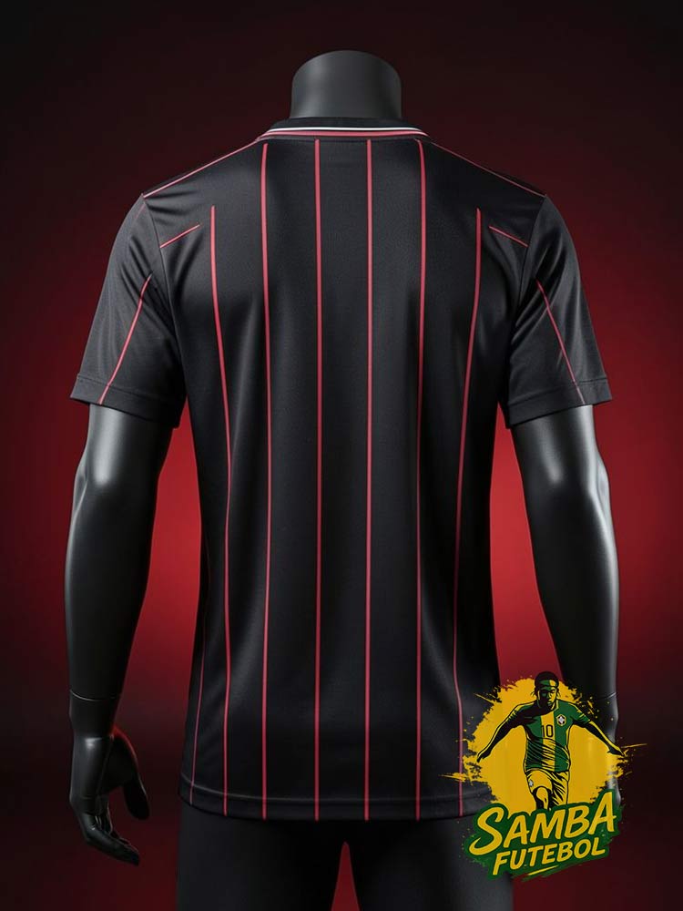 maillot Flamengo DIABLO 2026 noir rayures rouges col polo mannequin noir photo studio