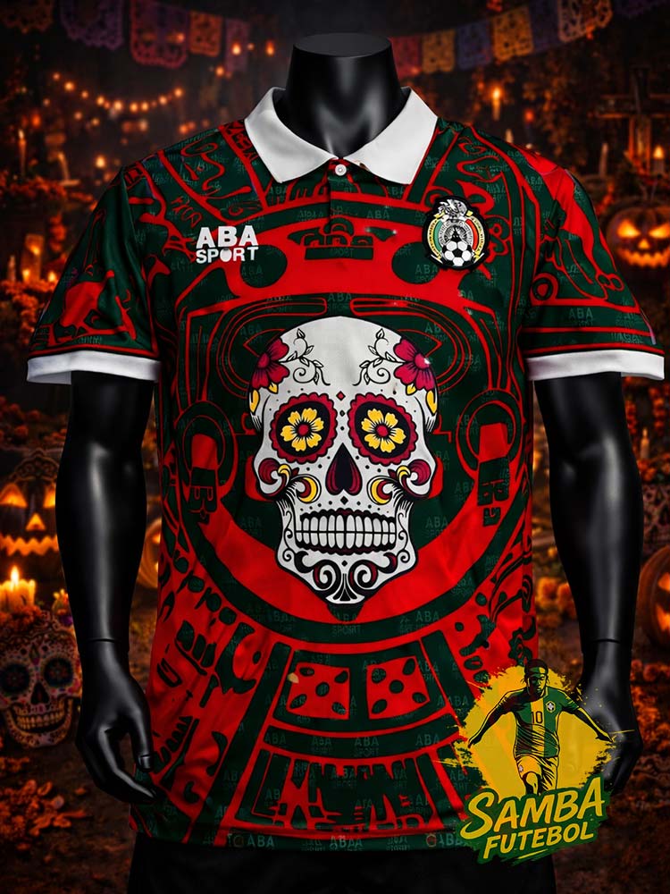 Maillot du Mexique "Día de Muertos" rouge et vert avec une tête de mort au centre