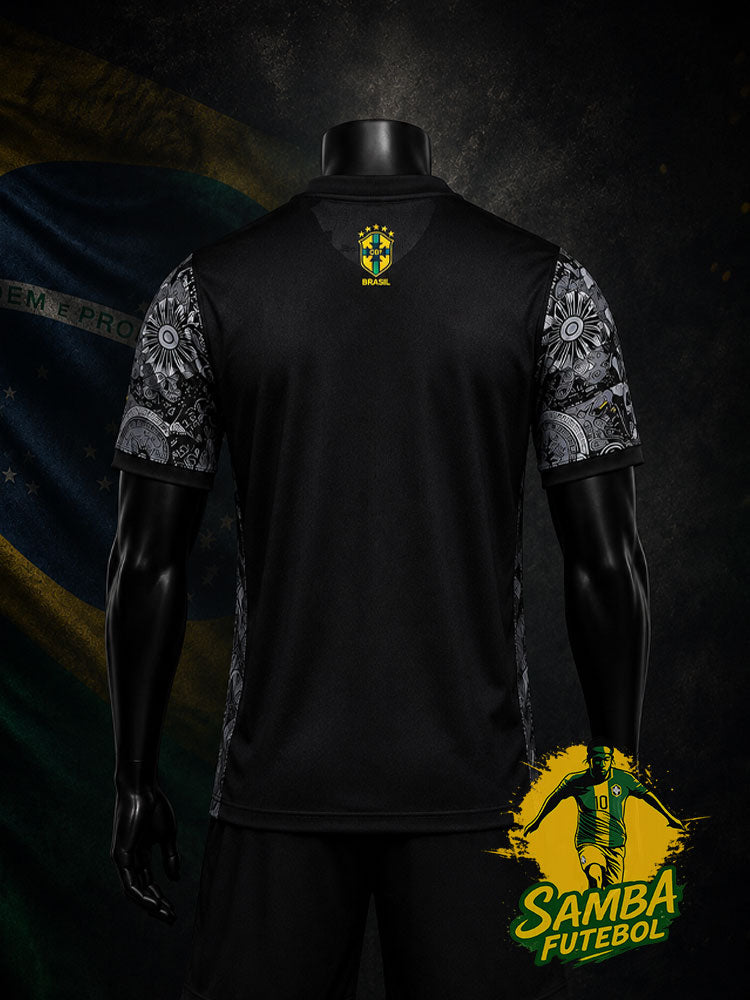Maillot Brésil noir et gris, vue de dos avec manches imprimées mandala – design Rio