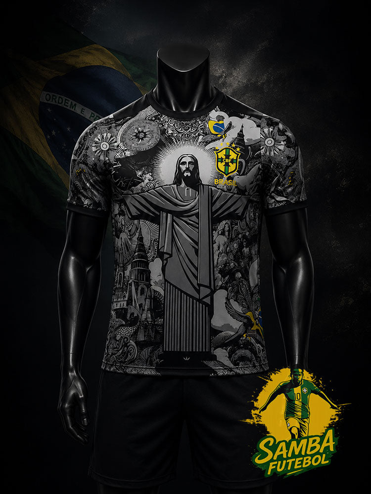 Maillot de foot Brésil noir et gris, Christ Rédempteur de Rio, vue de face avec écusson CBF