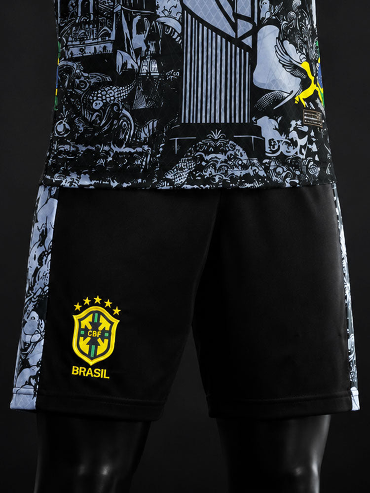 Détail du short noir Brésil avec écusson CBF, ensemble maillot Christ Rédempteur gris et noir